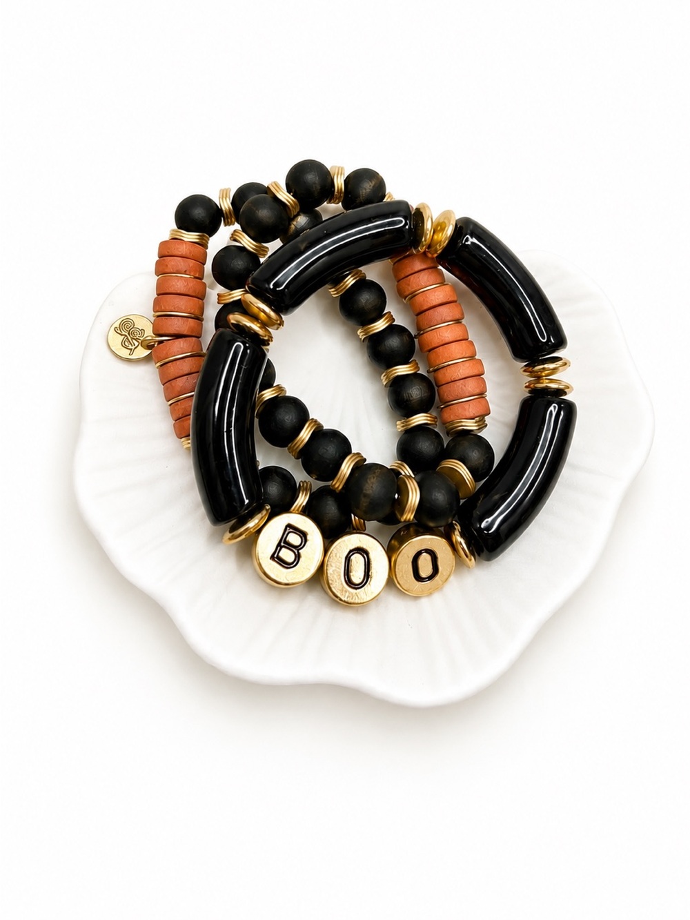 BOO 👻 Halloween Bracelet Stack | Black Beaded Stretch Bracelets w/Gold Accents